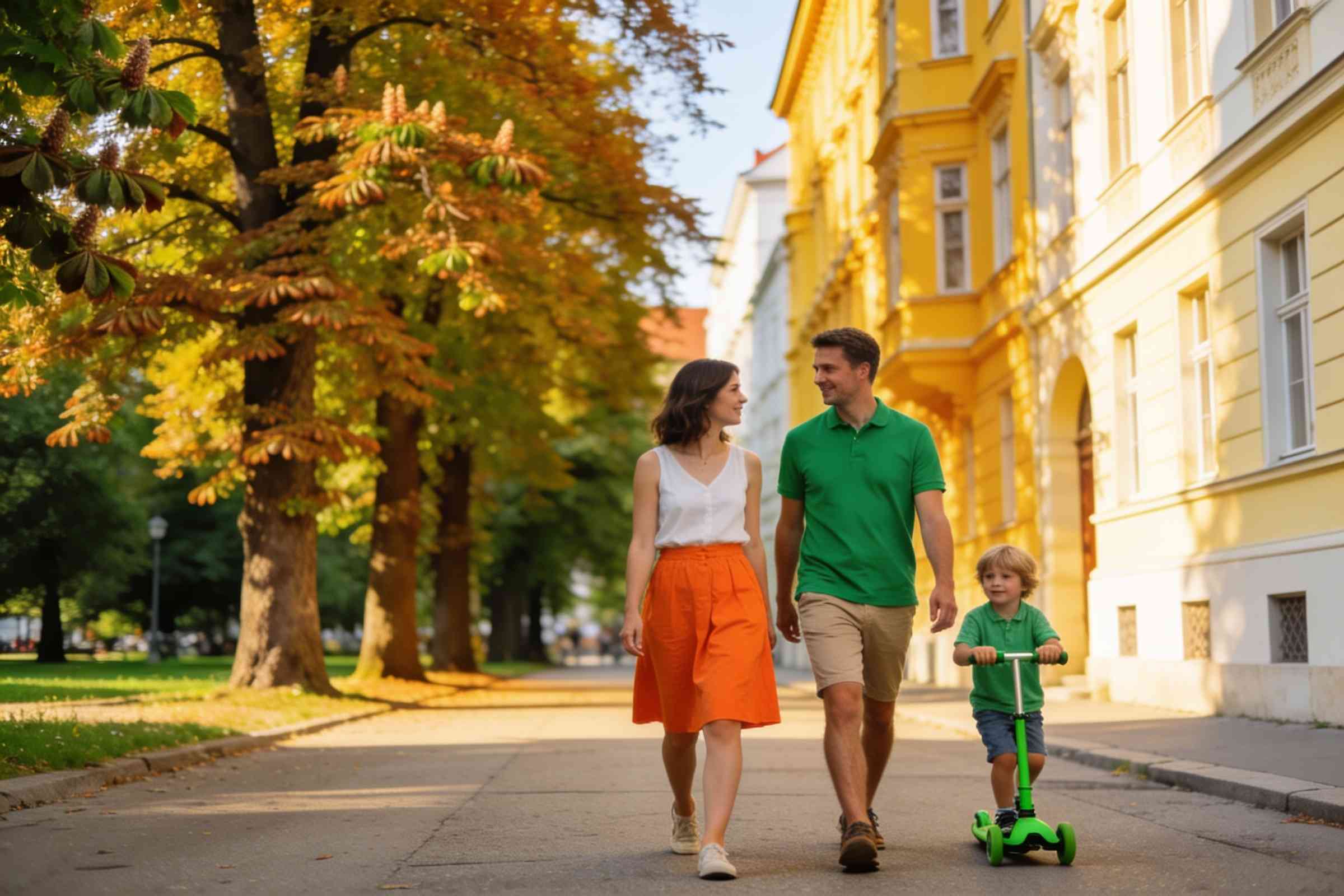A family walking down a sunny street of yellow house fronts under chestnut trees, a child on a green scooter