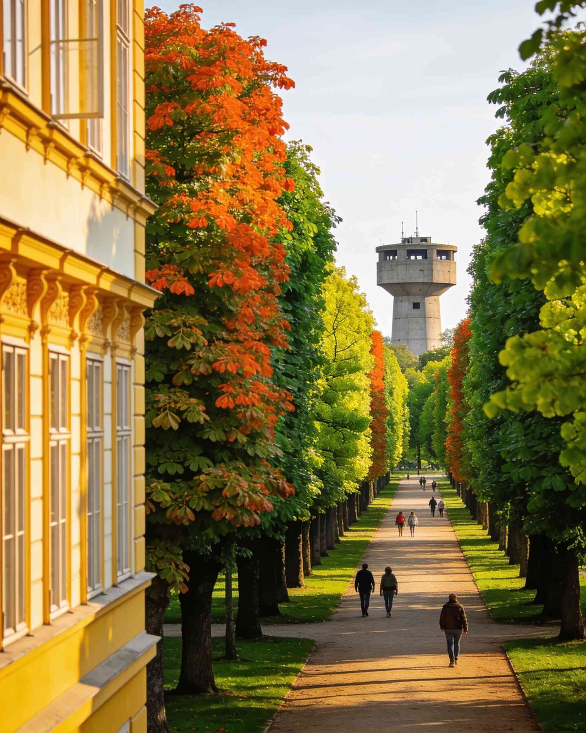 A long avenue of trees in the Augarten with a concrete flak tower rising at the end