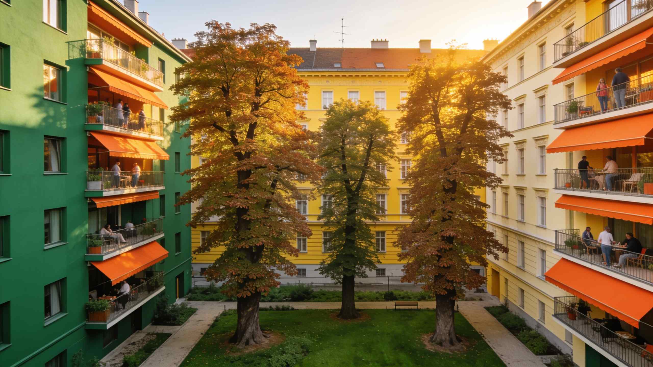 Kastanienhof at dusk: a new five-storey building round a green courtyard with three old chestnut trees, tangerine awnings on the balconies