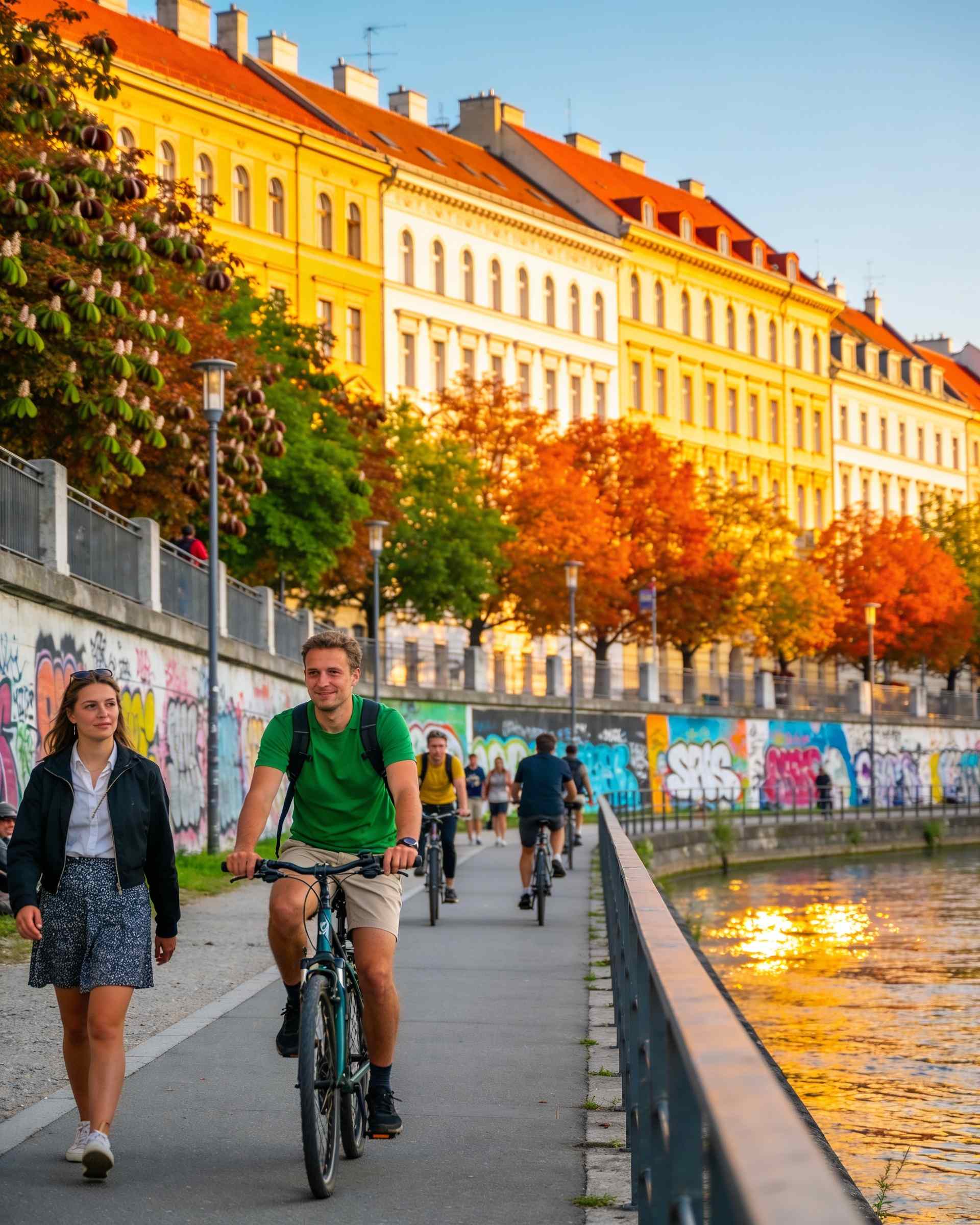 People walking and cycling along the Danube Canal promenade at golden hour, graffiti walls along the path