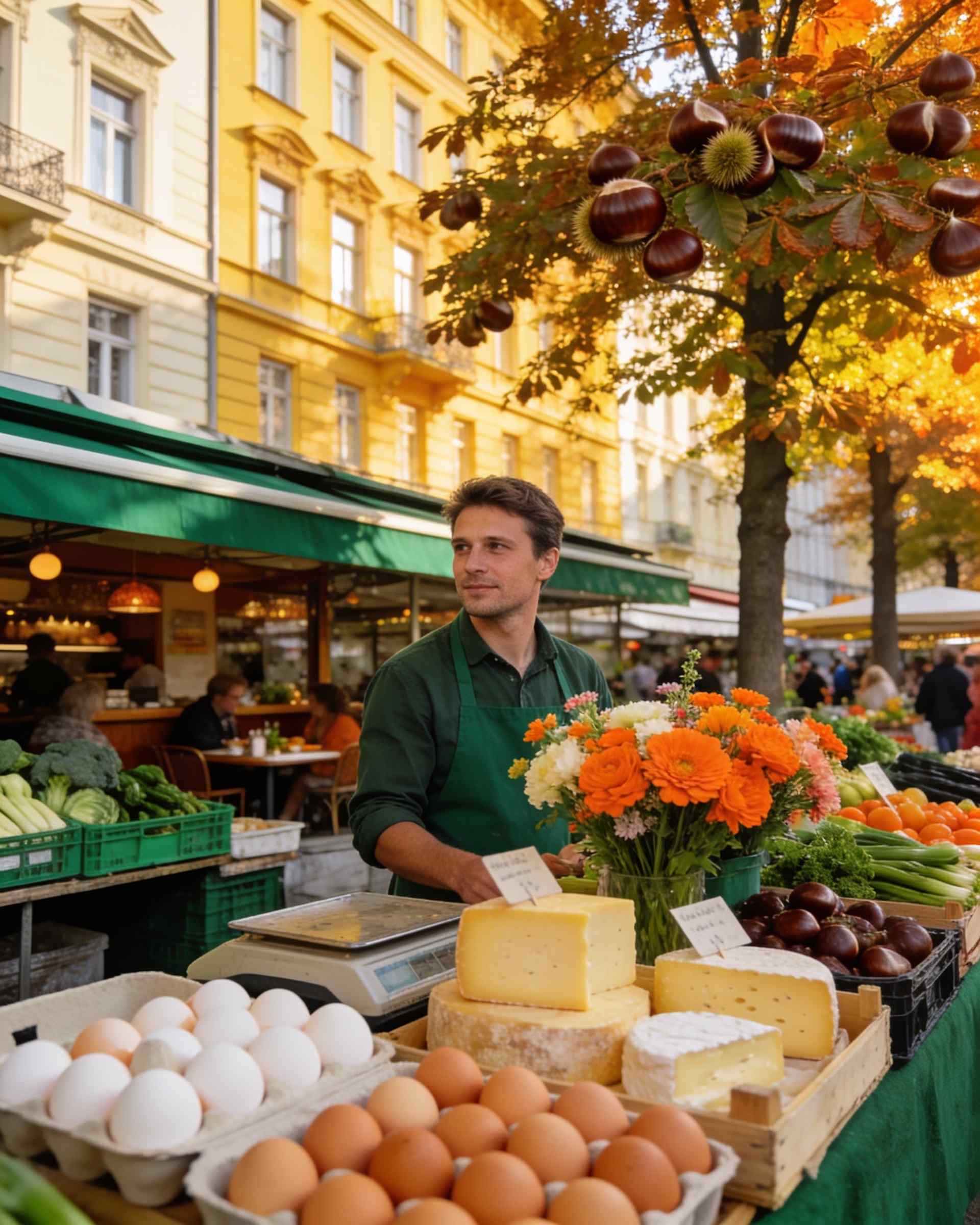 A market stall with eggs, cheese and orange flowers, a stallholder in a green apron