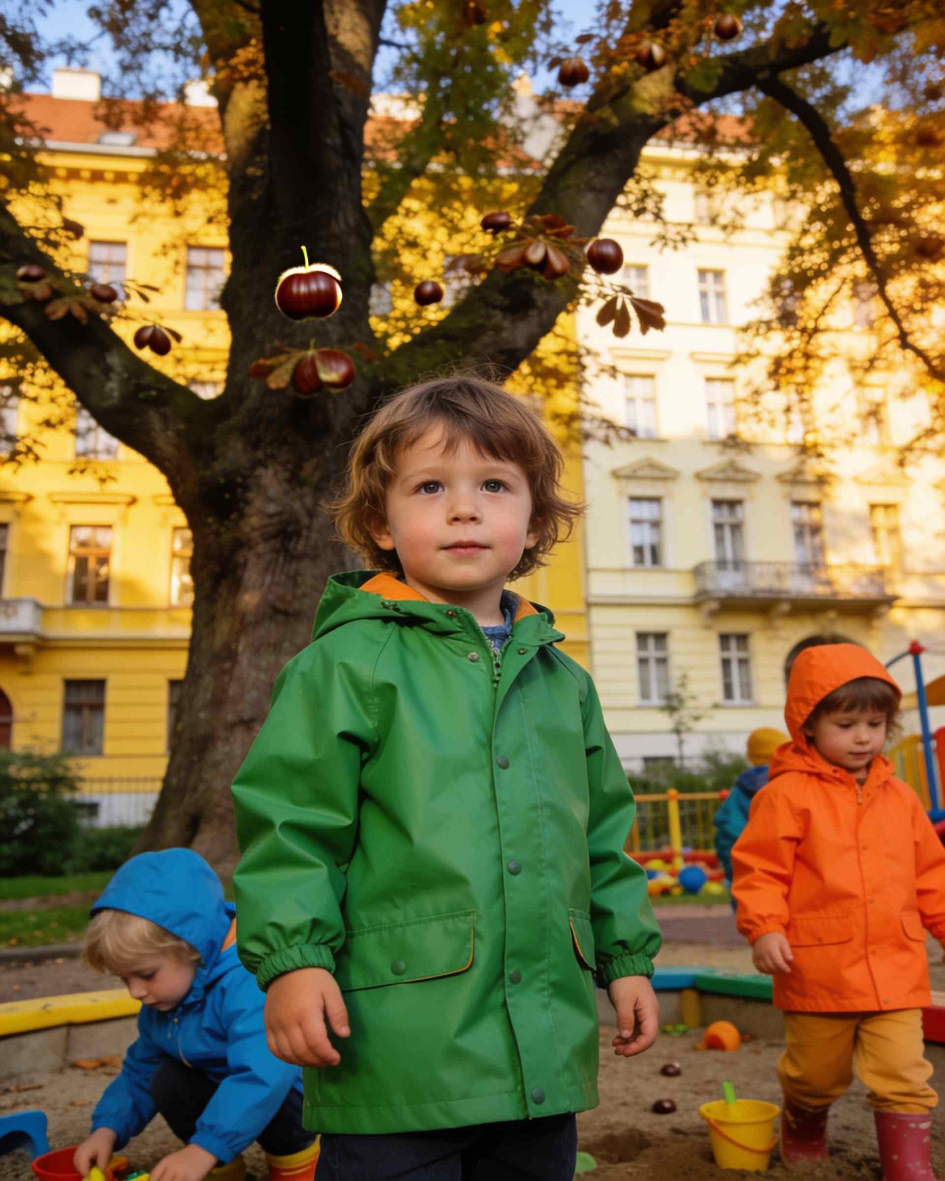 Small children in green and orange raincoats playing under old trees
