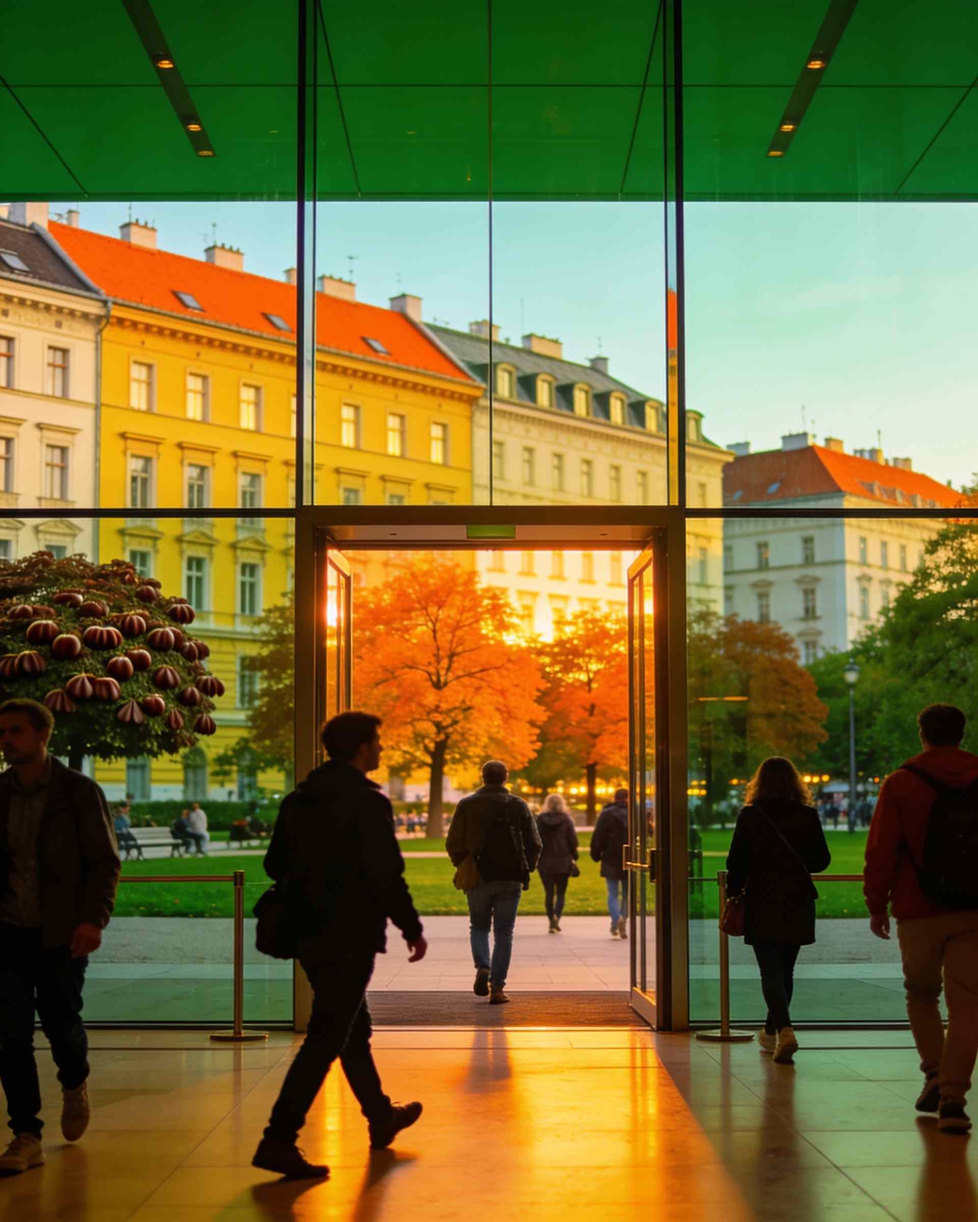 People walking into a glass-fronted concert hall foyer from a park at golden hour
