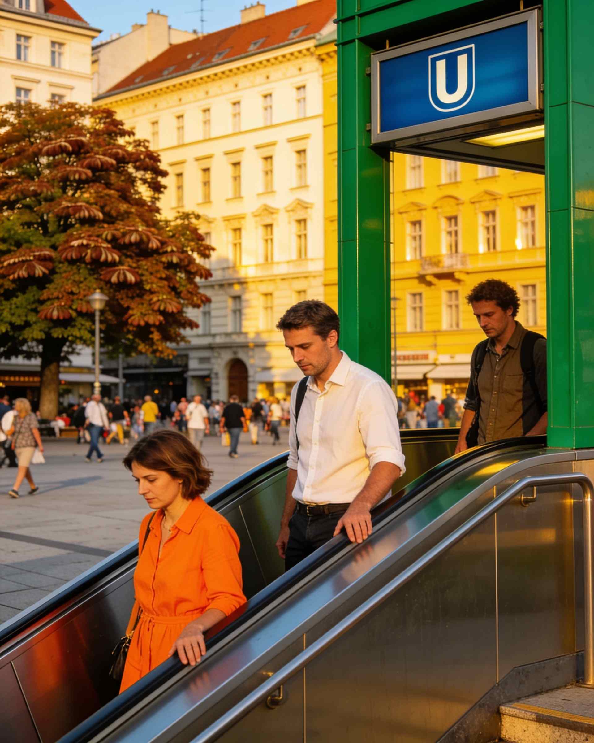 People riding the escalator up from a U-Bahn entrance onto a square of old house fronts