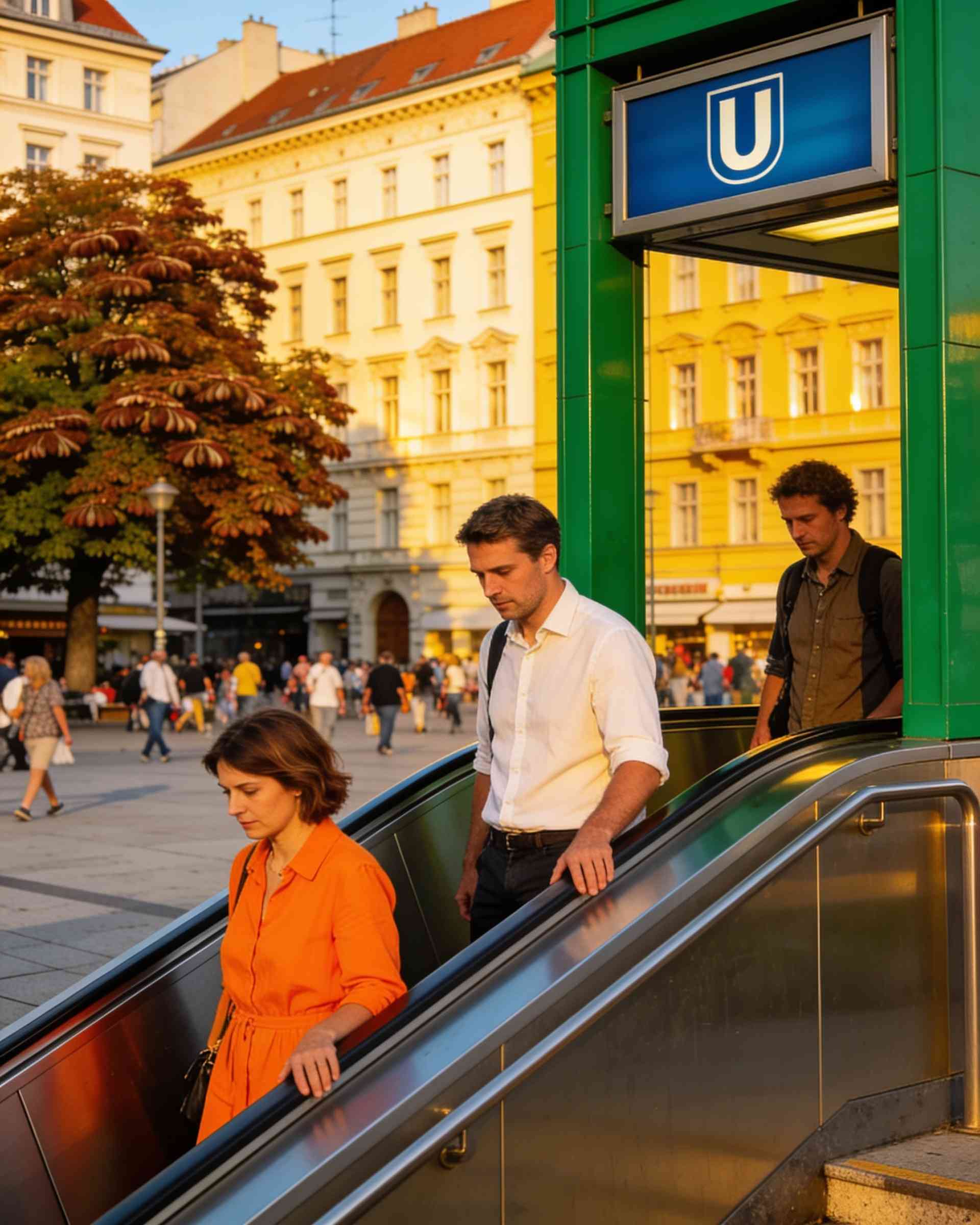 People riding the escalator up from a U-Bahn entrance onto a square of old house fronts