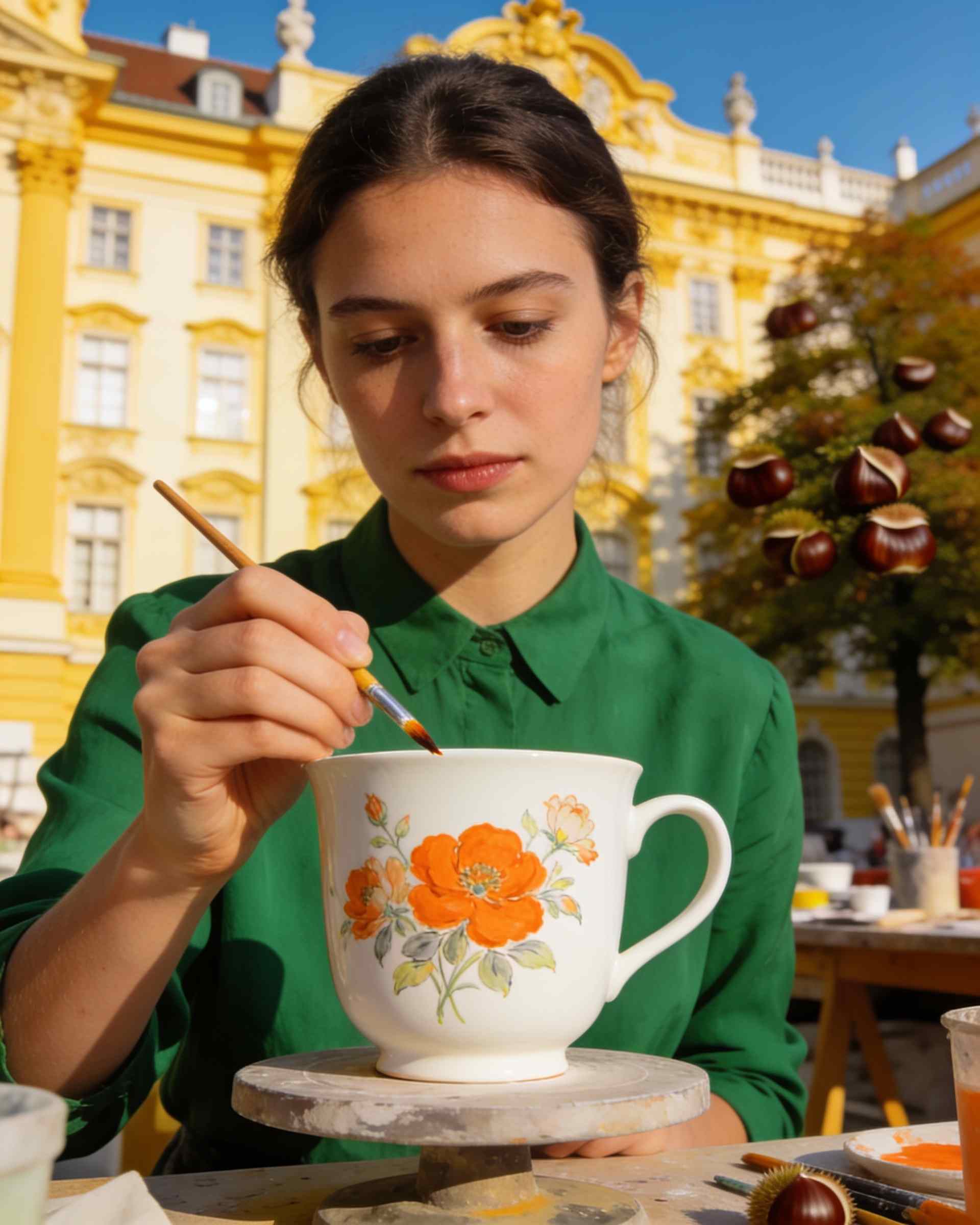 A painter adding an orange flower to a white porcelain cup by hand