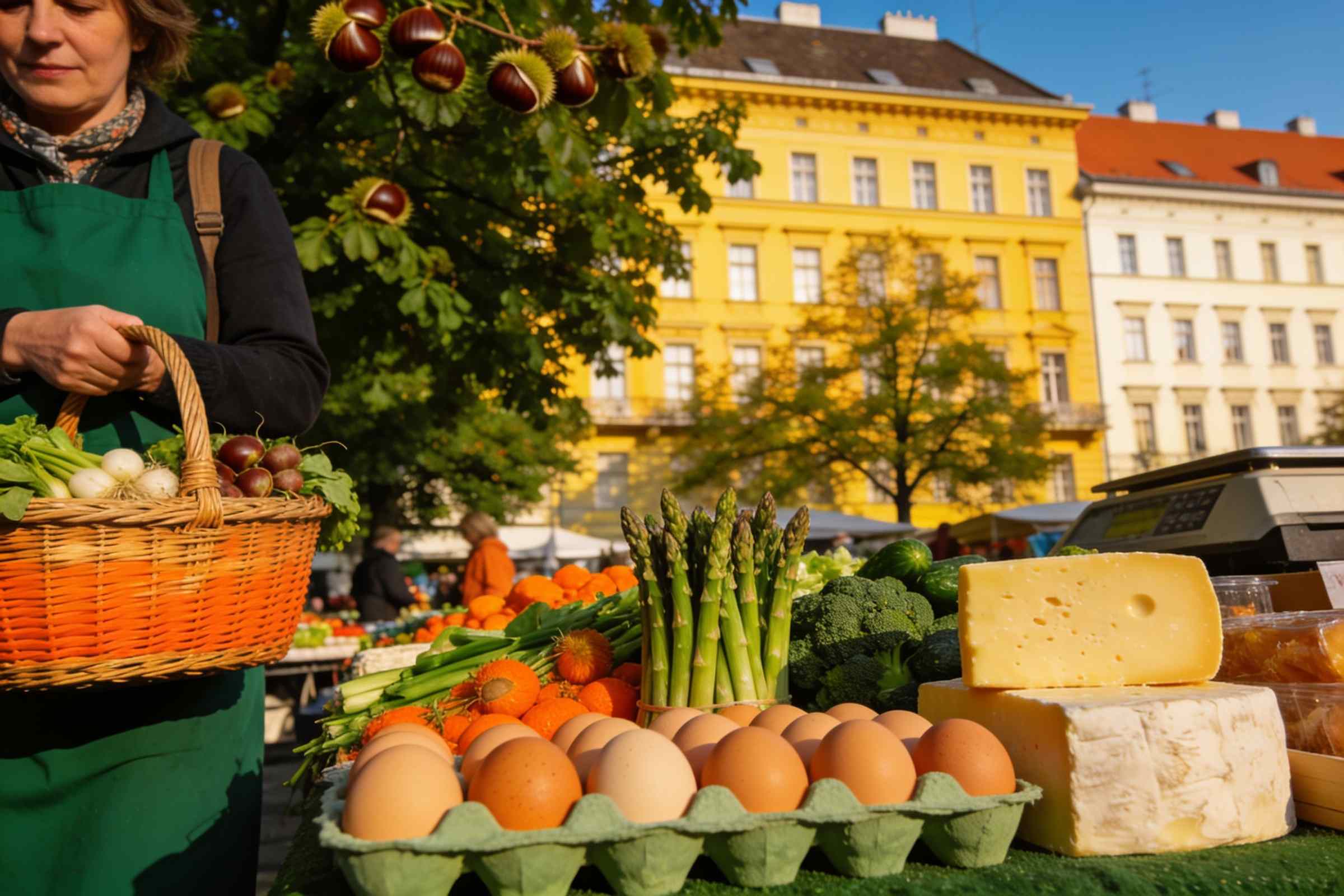 A shopper with a basket at a market stall with eggs, cheese and asparagus