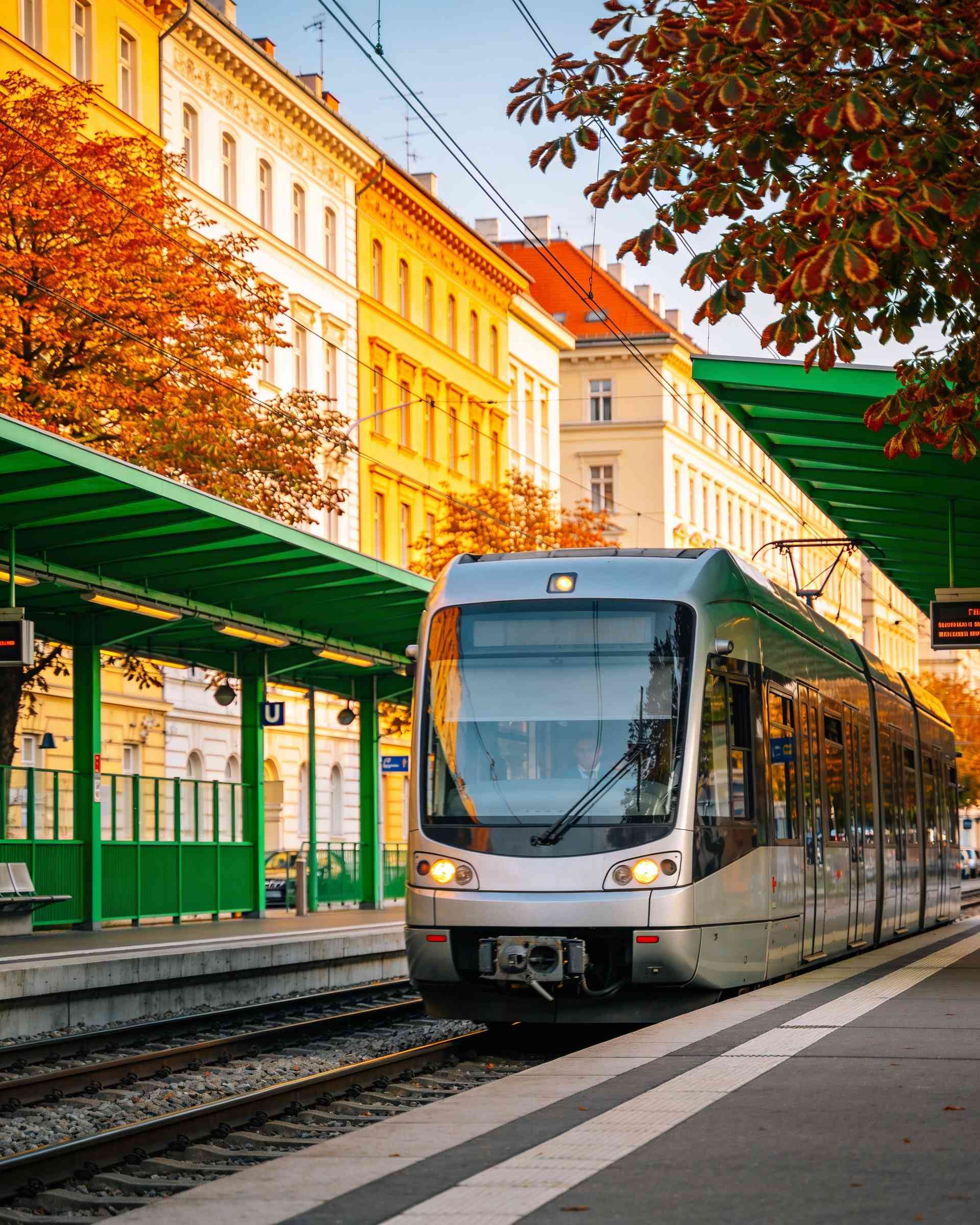 A silver train arriving at a bright station platform under a green roof