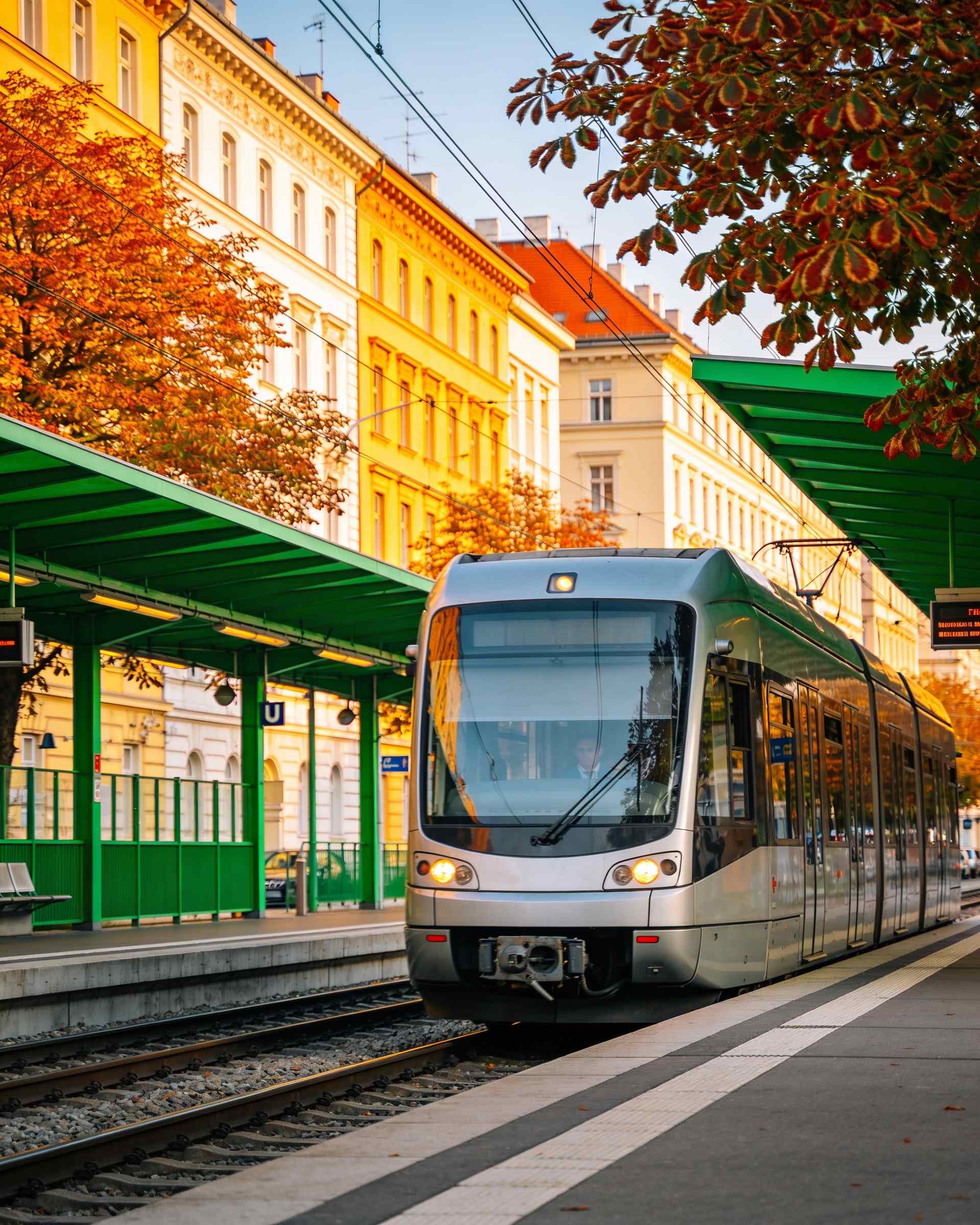 A silver train arriving at a bright station platform under a green roof