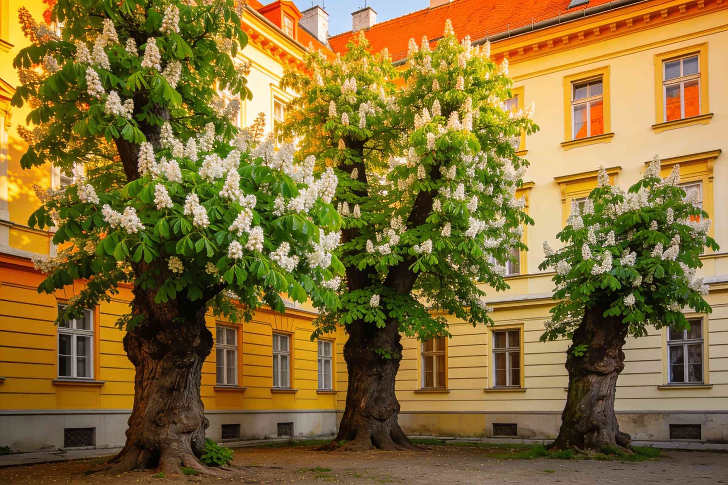 Three old chestnut trees in white bloom in a courtyard in front of yellow house fronts