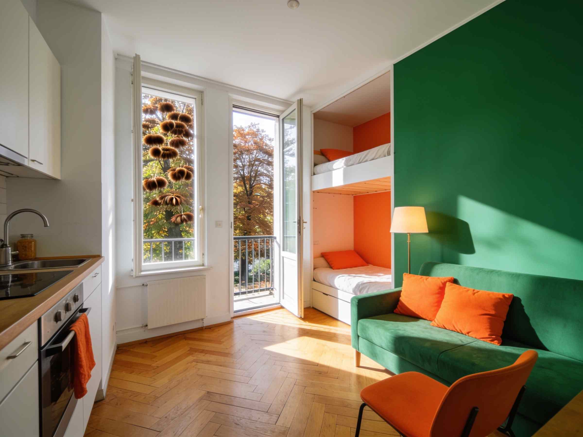A compact studio with a small kitchen, a sleeping alcove and a balcony door