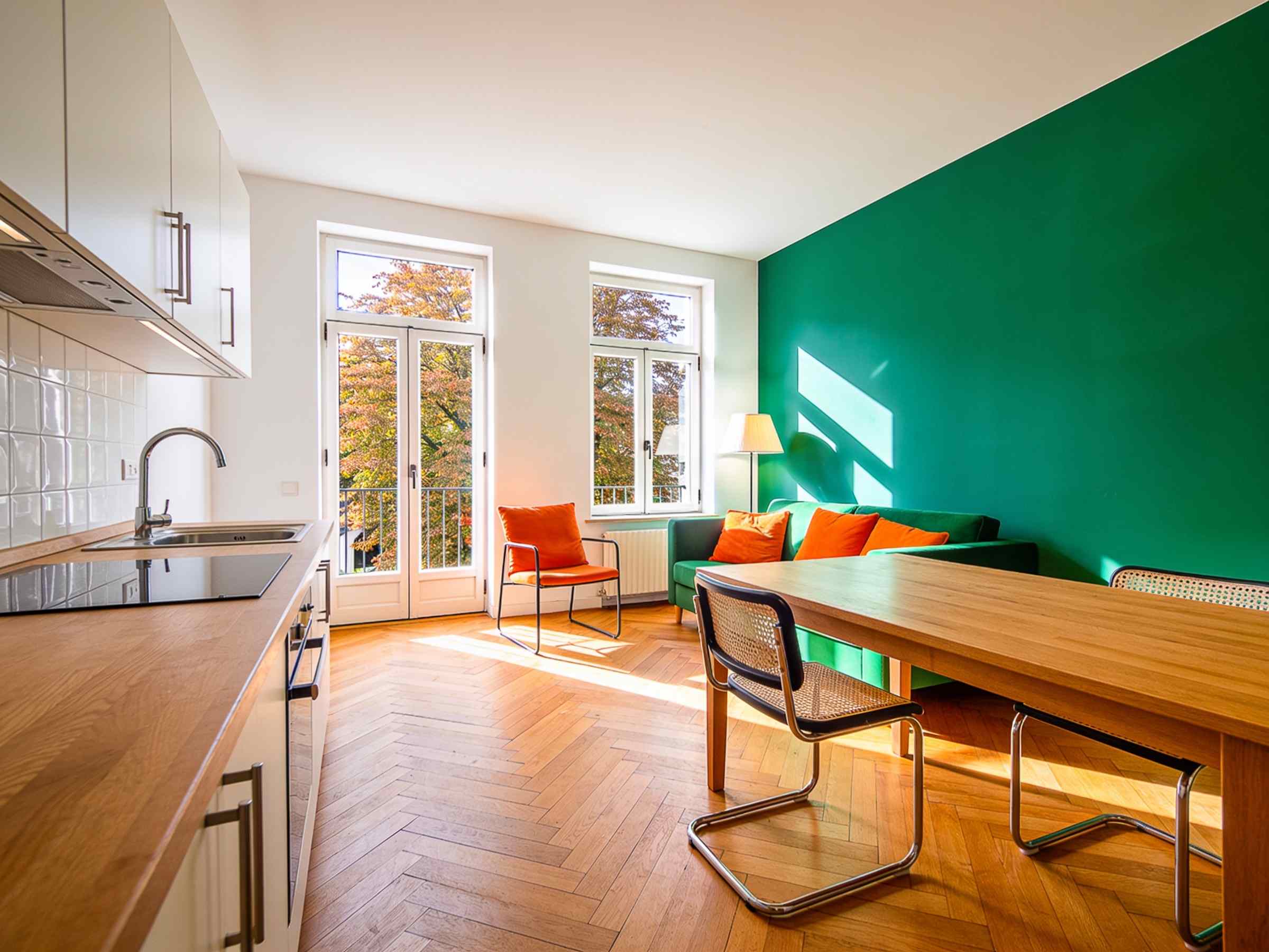 The show flat: a long wooden kitchen table in front of an emerald wall and tall windows