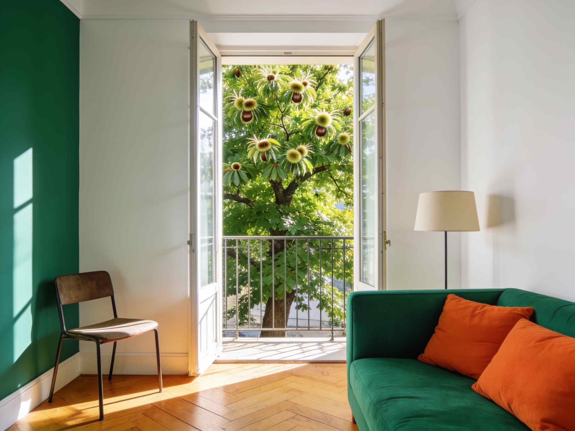 A room with a green sofa and a loggia door opening into the crown of a chestnut tree