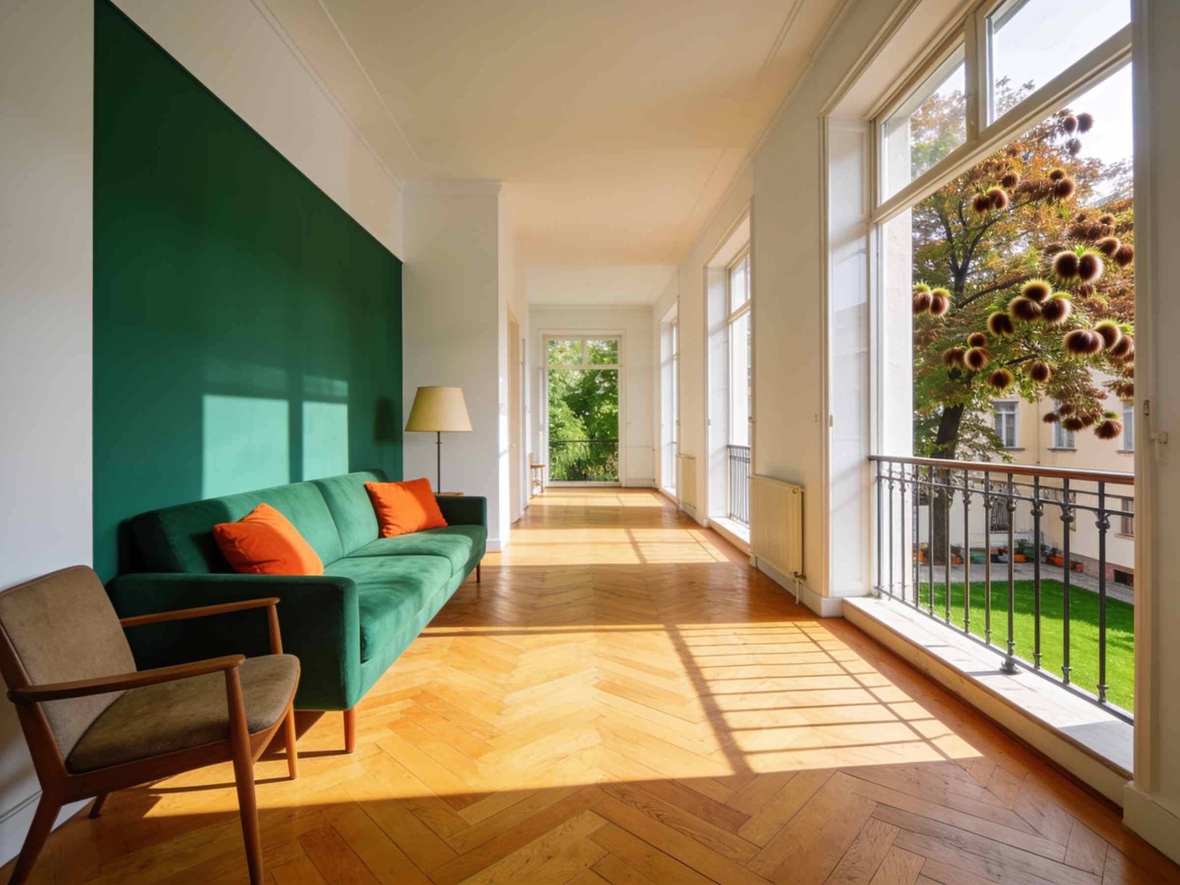 A long living room with a balcony over a green courtyard
