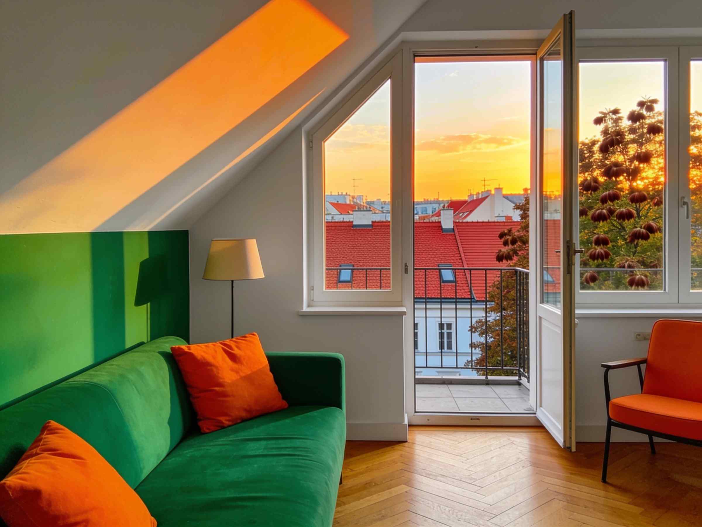 An attic room with a sloped ceiling and a terrace door open to the roofs at sunset
