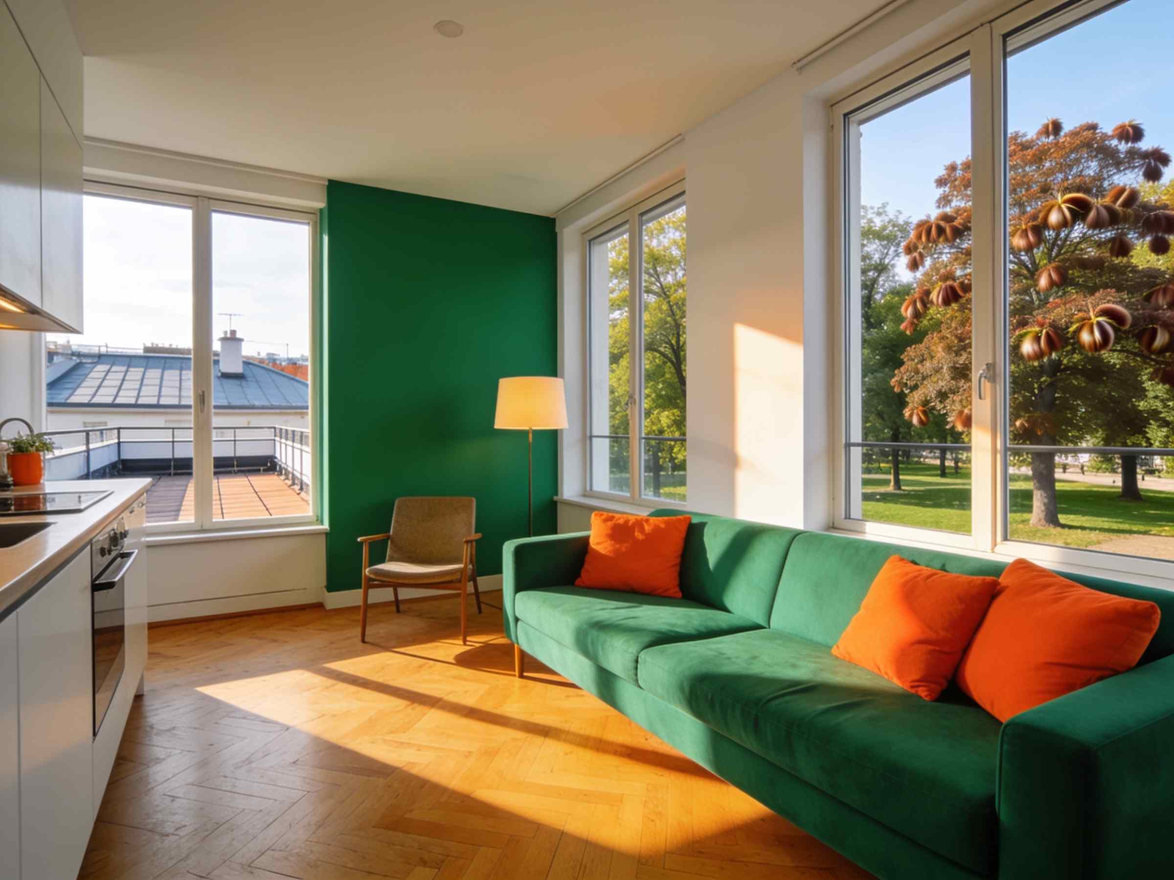 A penthouse living room and kitchen with wide windows onto park trees