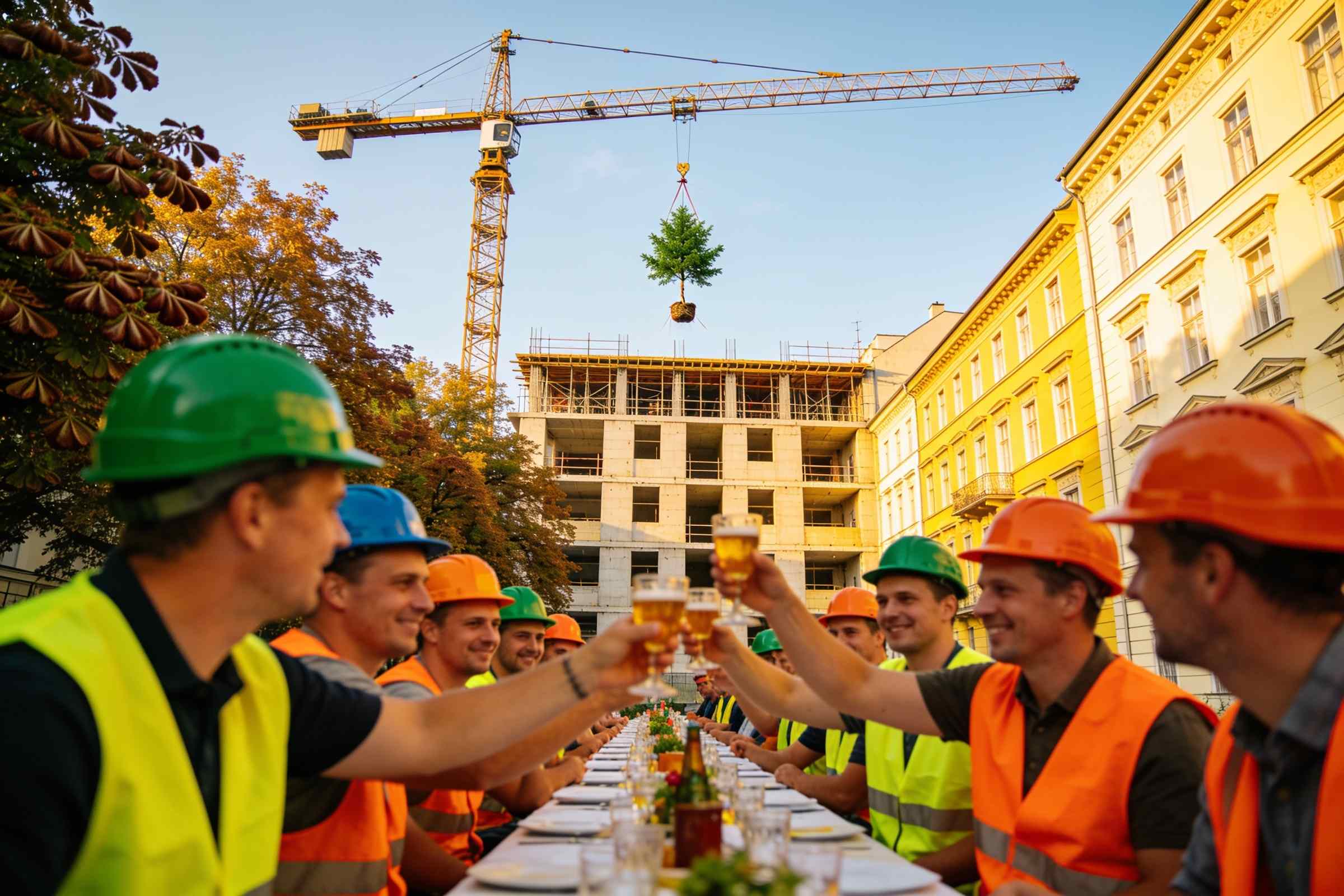 Builders in hard hats raising glasses at a long table, a crane with a small tree on top behind them