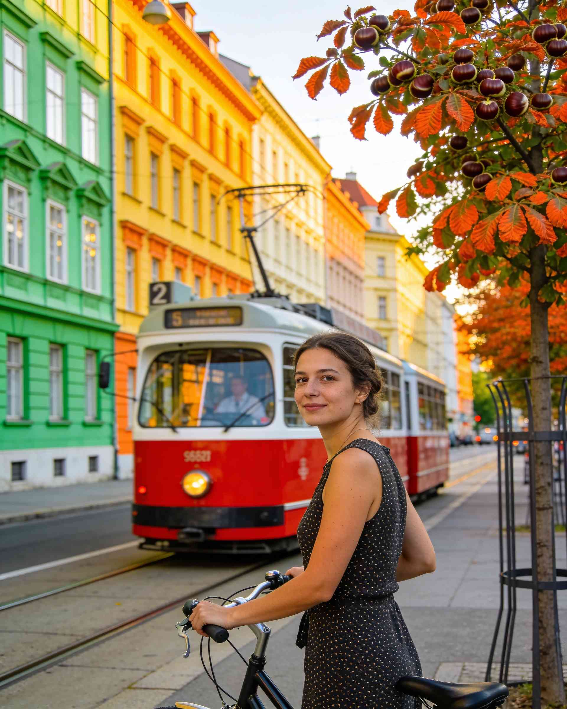 A red and white Vienna tram on a street of pastel house fronts, a woman with a bicycle waiting