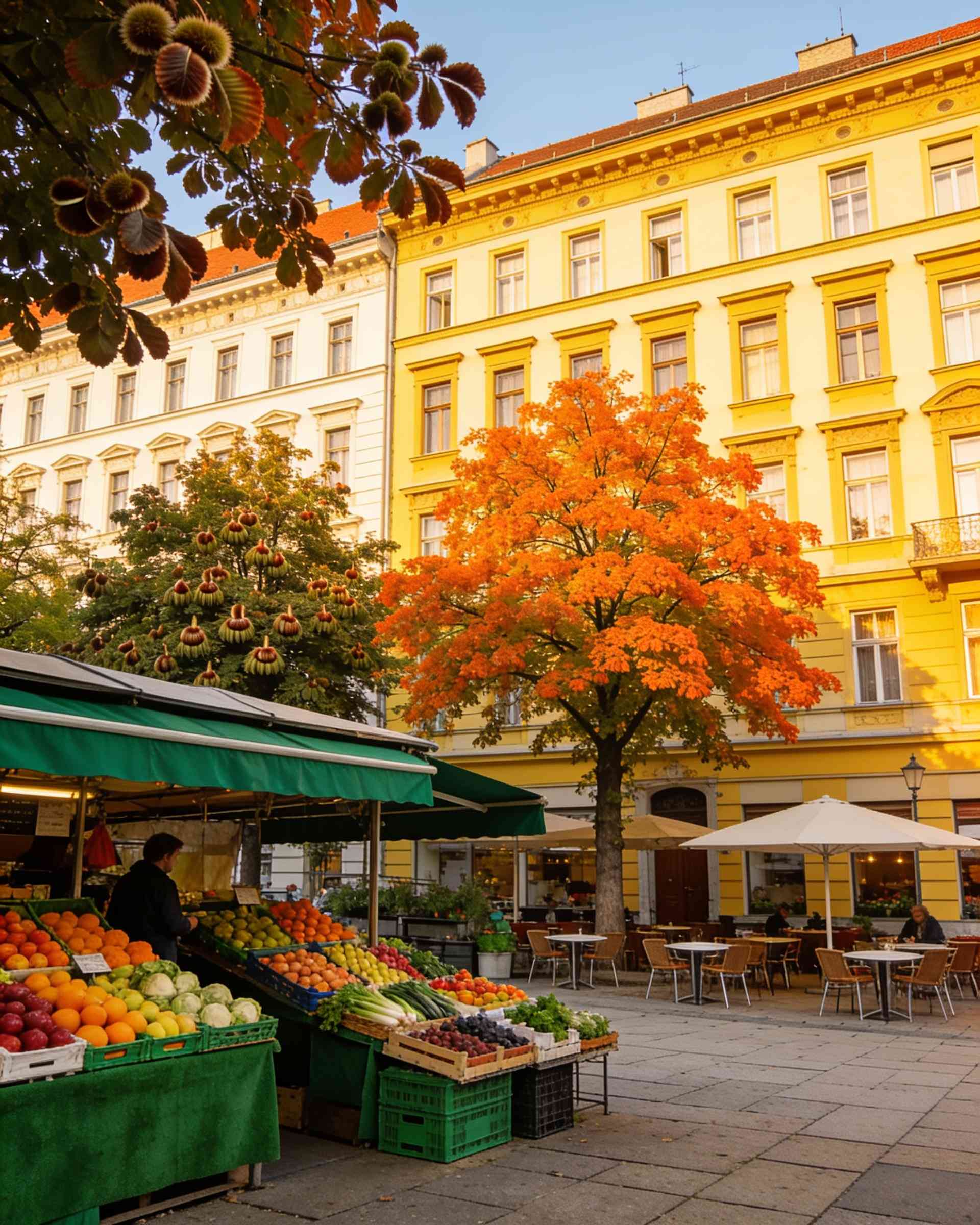 Fruit and vegetable stalls and café tables on a small market square under autumn trees