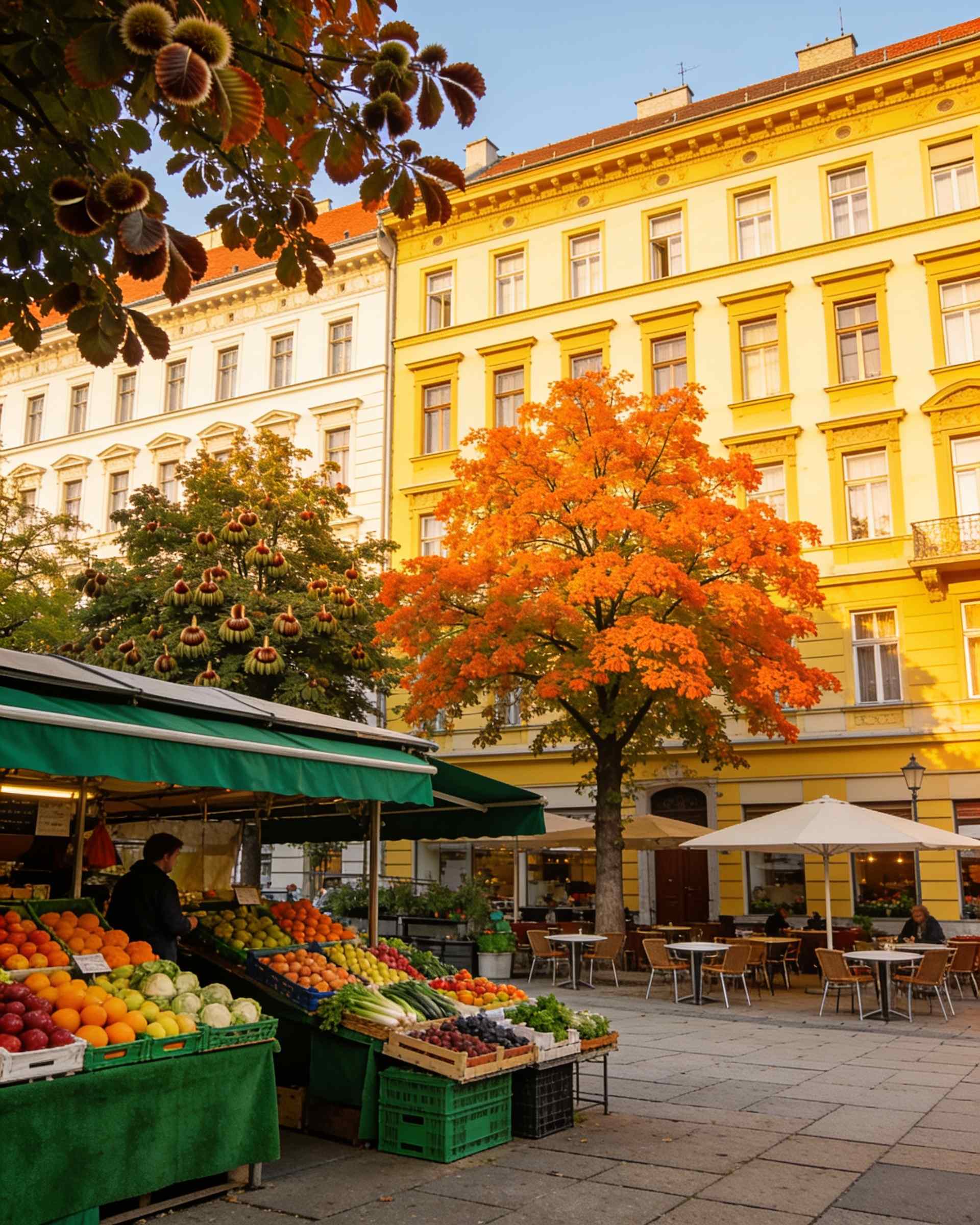 Fruit and vegetable stalls and café tables on a small market square under autumn trees