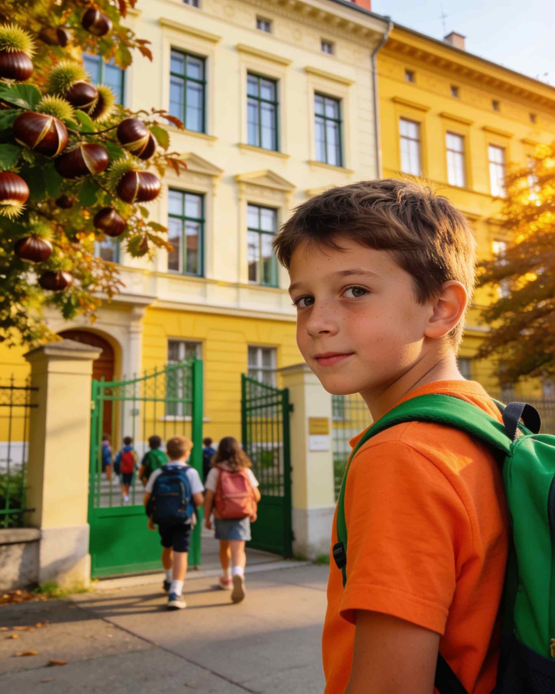 A boy with a green backpack outside a yellow Viennese school building, children walking to the gate