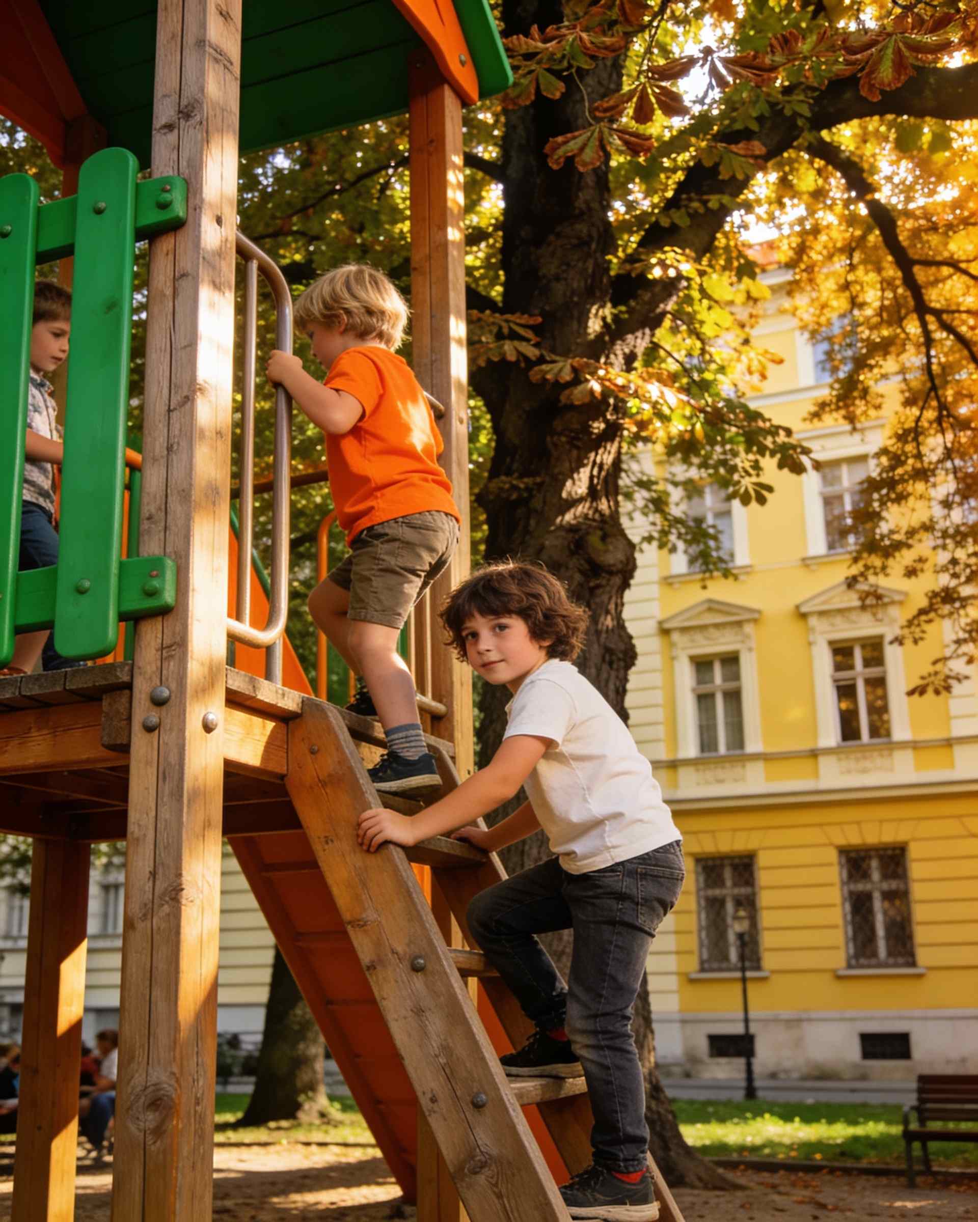 Children climbing a wooden playground tower under tall old trees